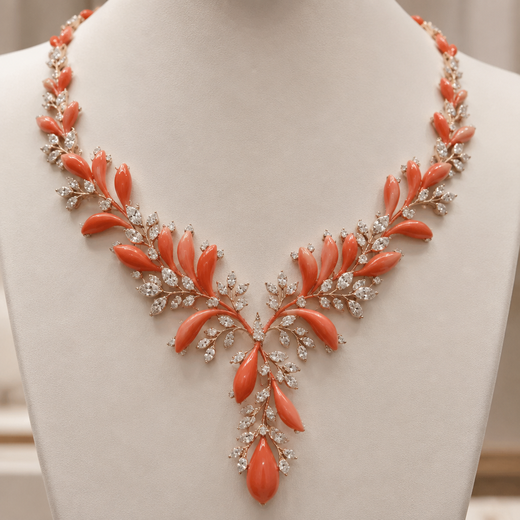 A women's necklace suitable for wedding, detailed and decorative, moderately ornate. coral neckalace
photorealistic jewelry design, A women's necklace suitable for wedding, detailed and decorative, moderately ornate. coral neckalace, modern style, just the design no text
