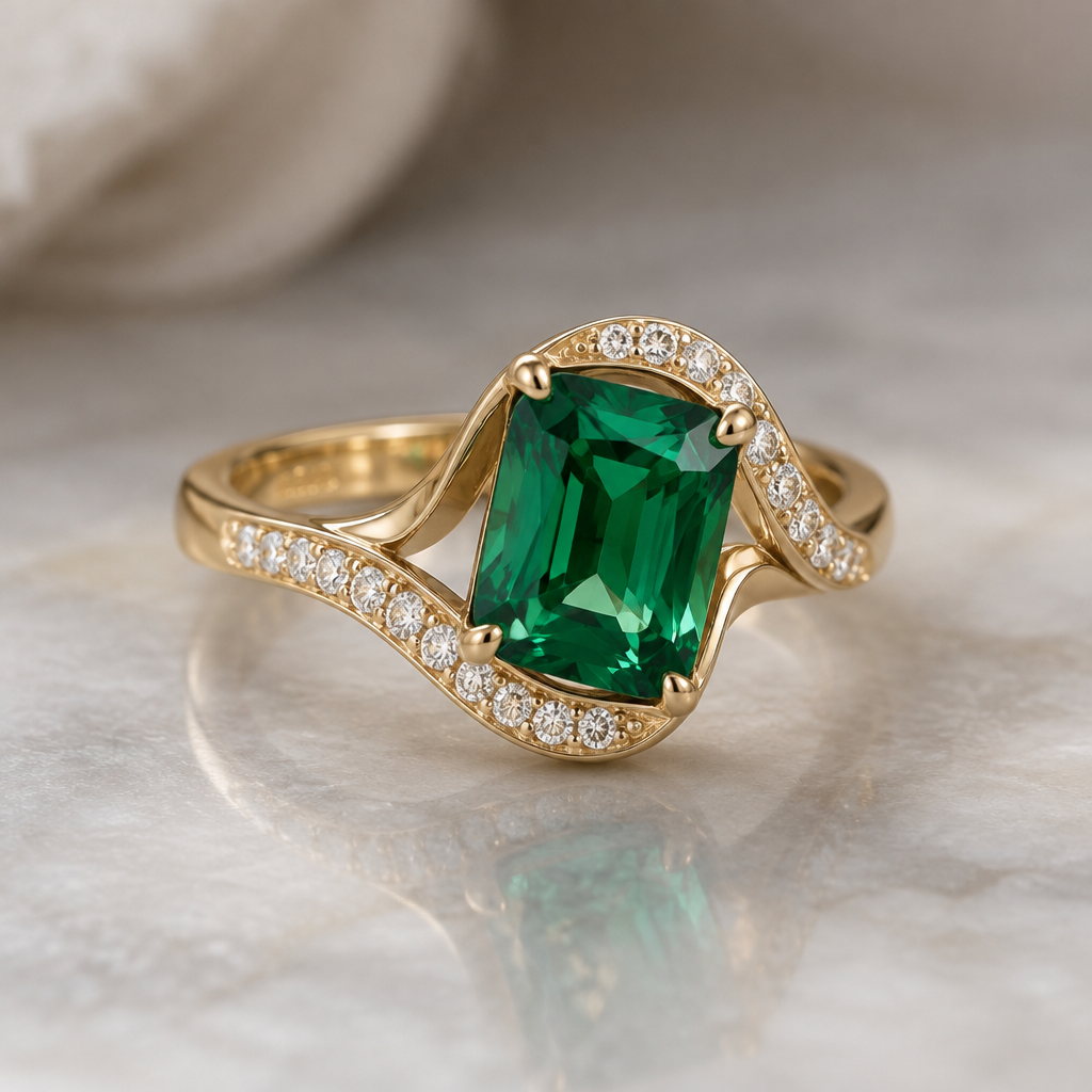 A women's ring. green gem stone ring with small diamonds on the ring band
photorealistic jewelry design, A women's ring. green gem stone ring with small diamonds on the ring band, modern style, just the design no text