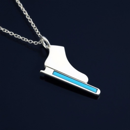 Silver Pendant shape one ice skate with turquoise stripe inside the low thin part blade
