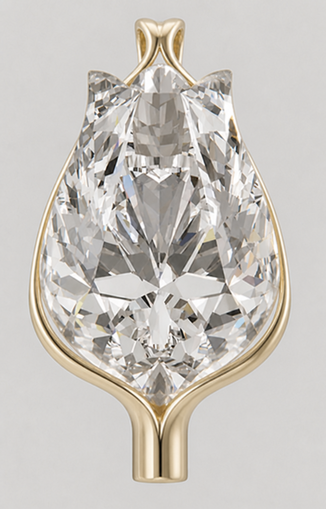 Keep the diamond unchanged. Do not alter its shape, proportions, crest, notches, asymmetry or facets. Keep the overall pendant concept and the current side-rise support height. DOuble the size of teh short stem below. Refine the gold structure so there is slightly more open space between the gold and the diamond, making the design feel lighter and less closed. Keep the side supports elegant and flowing. Redesign the top attachment into a more proprietary, refine bail that feels integrated with the overall stem-and-support language, not like a generic added loop. The result should feel sophisticated, distinctive, contemporary and cohesive. Do not add extra stones, halo, petals, vines or decorative ornament.
Keep the diamond unchanged. Do not alter its shape, proportions, crest, notches, asymmetry or facets. Keep the overall pendant concept and the current side-rise support height. DOuble the size of teh short stem below. Refine the gold structure so there is slightly more open space between the gold and the diamond, making the design feel lighter and less closed. Keep the side supports elegant and flowing. Redesign the top attachment into a more proprietary, refine bail that feels integrated with the overall stem-and-support language, not like a generic added loop. The result should feel sophisticated, distinctive, contemporary and cohesive. Do not add extra stones, halo, petals, vines or decorative ornament.