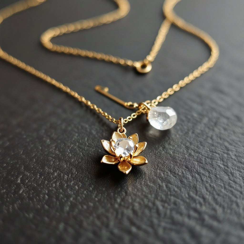 Серьги золото изящный маленький плоский лотос с необработанным маленьким хрусталем в центре, от лотоса идет золотая цепочка вниз с еще одним маленьким камушком хрусталя