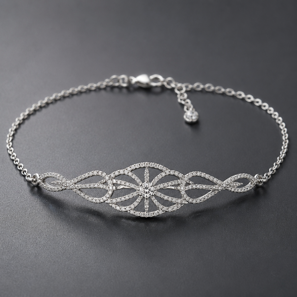 A women's bracelet made of silver with diamond stones. bracelet qui rappel la dentelle metal fin avec chaine minimqliste
photorealistic jewelry design, A women's bracelet made of silver with diamond stones. bracelet qui rappel la dentelle metal fin avec chaine minimqliste, modern style, just the design no text