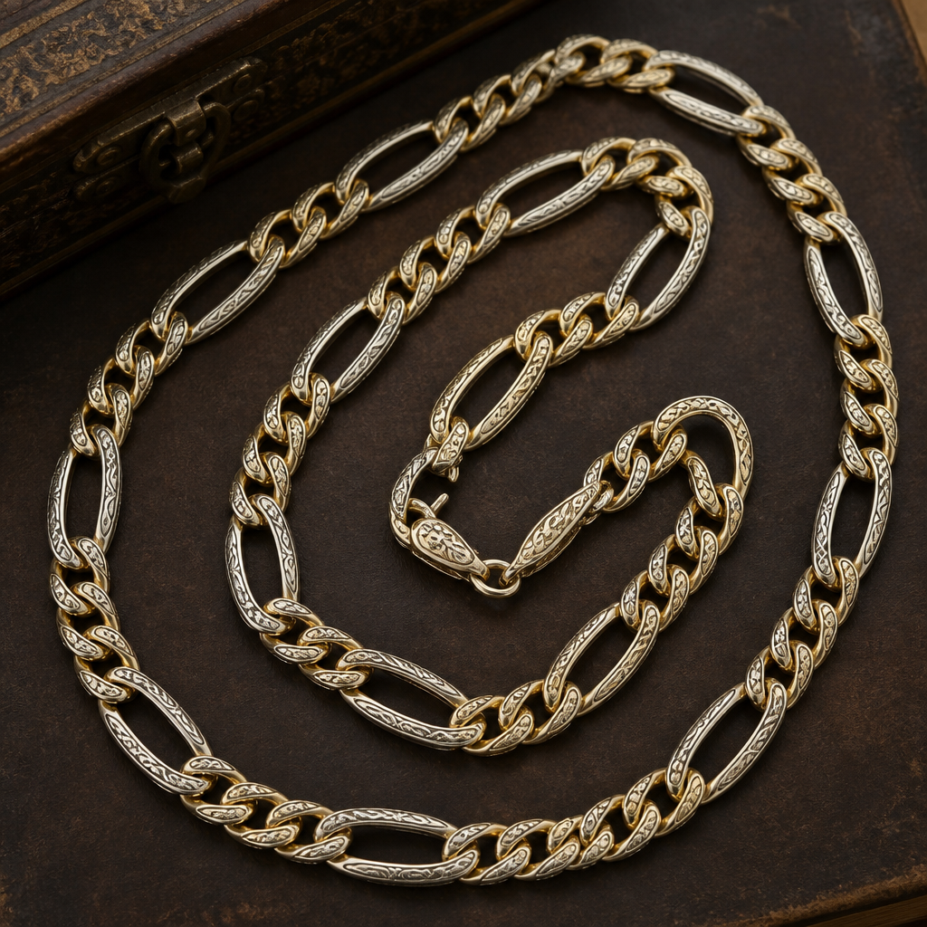 Create a 10mm Figaro Chain where the long links are white gold and the short links are yellow gold. 24 inches long. Also add in a unique custom design to the links that makes them stand out from other figaro chains
Vintage jewelry: Vintage 10mm Figaro chain, 24 inches long. White gold long links, yellow gold short links. Engraved scrollwork on each link, antique finish.