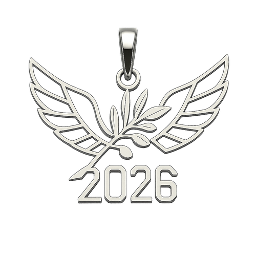 Shiny silver cut-out charm only with  two spread out bird wings, an olive branch and  along year 2026