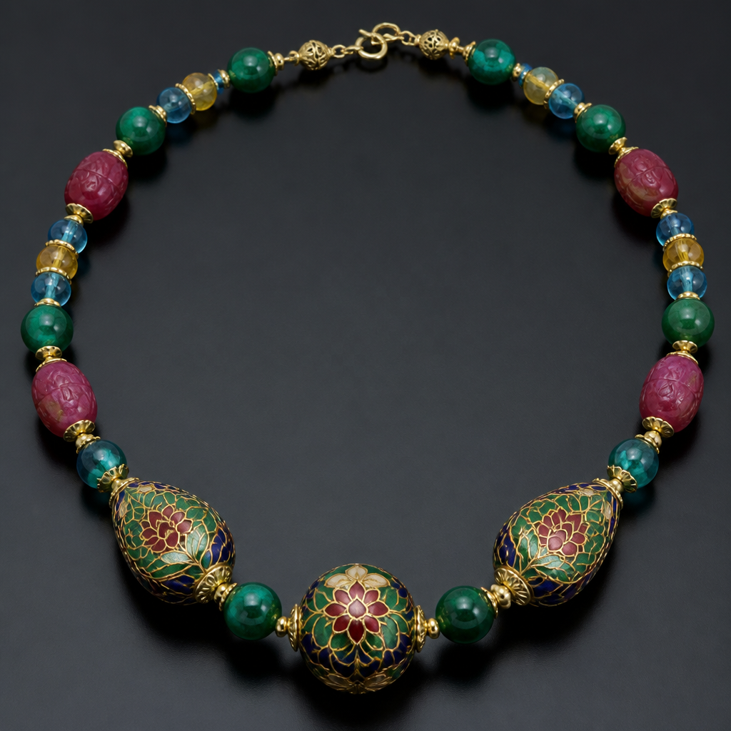 "Large cloisonne center bead 20mm round gold green red blue, two egg shapped cloisonne 25mm x 15 gold green red blue, round 15mm emerald green beads, carved rough cut ruby egg shapped 14mm x 10mm beads, blue apatite 8mm round beads, faceted rondel shapped citrine 8mm x 5mm, gold findings " necklace
photorealistic jewelry design, "Large cloisonne center bead 20mm round gold green red blue, two egg shapped cloisonne 25mm x 15 gold green red blue, round 15mm emerald green beads, carved rough cut ruby egg shapped 14mm x 10mm beads, blue apatite 8mm round beads, faceted rondel shapped citrine 8mm x 5mm, gold findings " necklace , classic style, just the design no text