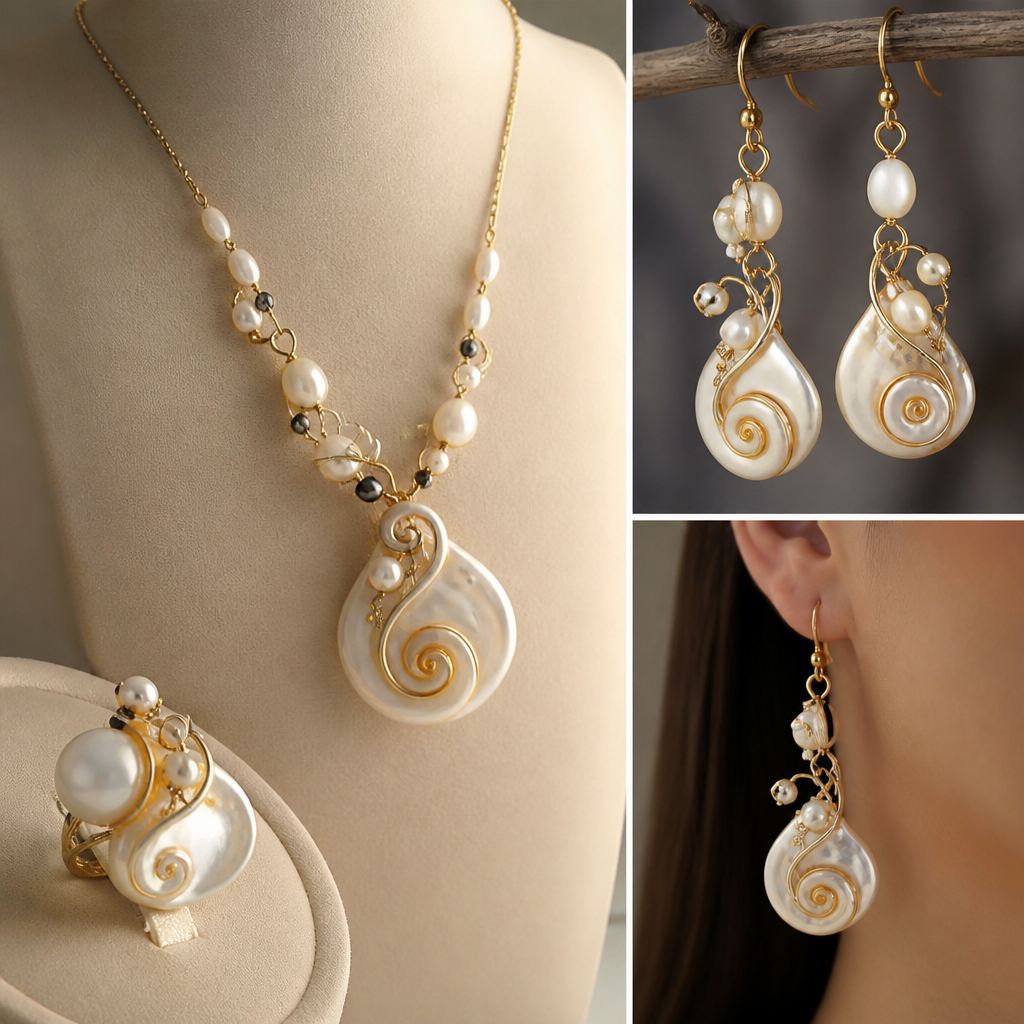 A women's ring. A classic jewelry set from a ear rings, hand ring, necklace matching. Made from shells or pearls form Papua New Guinea traditions and made with resin and wires
photorealistic jewelry design, A women's ring. A classic jewelry set from a ear rings, hand ring, necklace matching. Made from shells or pearls form Papua New Guinea traditions and made with resin and wires, modern style, just the design no text
