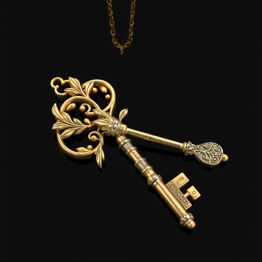Old skeleton key shape gold and silver tones with olive branch turning on leg and keffieh print on the tip