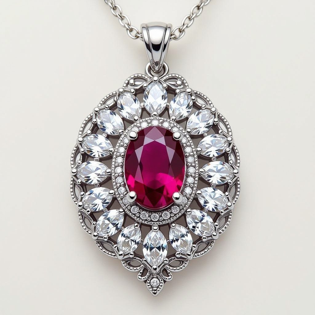 7x5mm oval pigeon blood ruby with 8 marquis cut diamonds each .08ct set in white gold pendant 