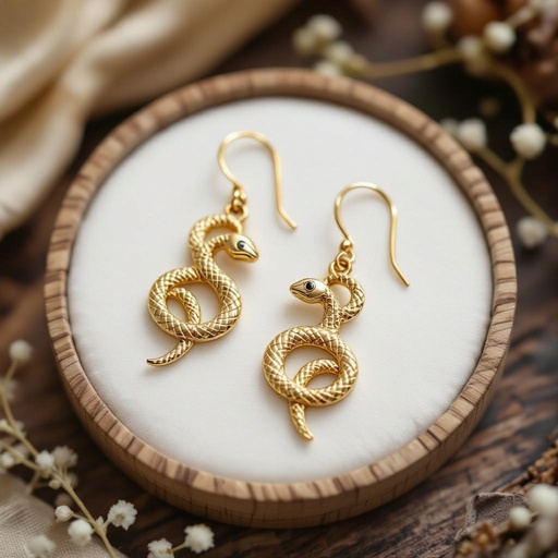 Небольшие золотые матовые серьги в виде символической змеи