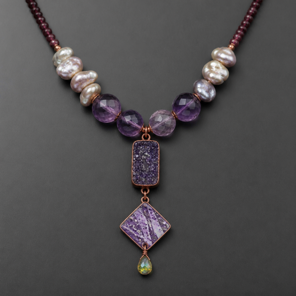 A women's necklace. create a necklace with a pendant that has a rectangular druzy amethyst with a copper enameled square that's hung diagonally below that that has an abstract enameled pattern of some speckles and some lines in white and different purples and lavenders, and a tiny teardrop that is translucent peridot color with AB coating. the pendant is hanging from some agatized faceted amethyst beads about 14 mm followed by some similar sized keishi pearls followed by very fine faceted Garnet beads. use the beads in the photo
photorealistic jewelry design, A women's necklace. create a necklace with a pendant that has a rectangular druzy amethyst with a copper enameled square that's hung diagonally below that that has an abstract enameled pattern of some speckles and some lines in white and different purples and lavenders, and a tiny teardrop that is translucent peridot color with AB coating. the pendant is hanging from some agatized faceted amethyst beads about 14 mm followed by some similar sized keishi pearls followed by very fine faceted Garnet beads. use the beads in the photo, modern style, just the design no text