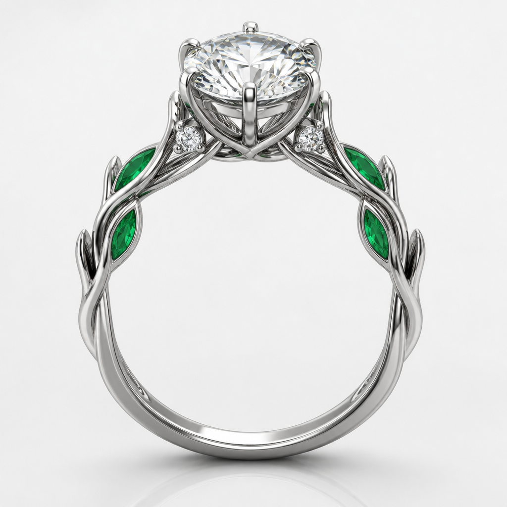 A nature women's ring made of white gold with diamond and emerald stones. Design a ring 14k white gold. Twisted Vine shank with marquise emerald leaves as accents. Cathedral setting, tulip basket with gallery rail, 6 prong setting with v tip prong on point and 4 claw prongs on sides and one on bottom, Peekaboo single round diamond on either side of bridge. 1.8mm thick band. 2mm width shank.
photorealistic jewelry design, A nature women's ring made of white gold with diamond and emerald stones. Design a ring 14k white gold. Twisted Vine shank with marquise emerald leaves as accents. Cathedral setting, tulip basket with gallery rail, 6 prong setting with v tip prong on point and 4 claw prongs on sides and one on bottom, Peekaboo single round diamond on either side of bridge. 1.8mm thick band. 2mm width shank., nature_inspired style, just the design no text