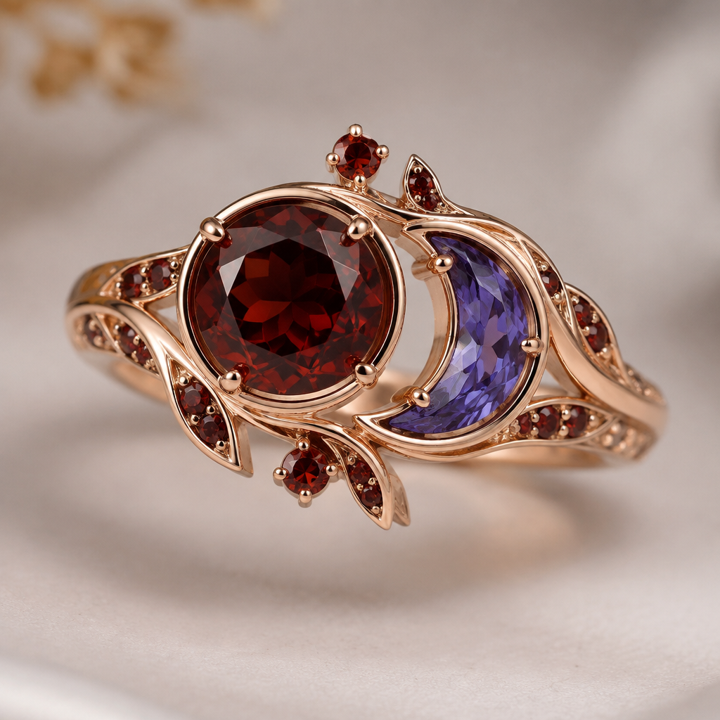 A modern women's ring made of rose gold, detailed and decorative, moderately ornate. full moon granat half moon tanzanit more elegant and unik and small granat stones round the ring
photorealistic jewelry design, A modern women's ring made of rose gold, detailed and decorative, moderately ornate. full moon granat half moon tanzanit more elegant and unik and small granat stones round the ring, modern style, just the design no text