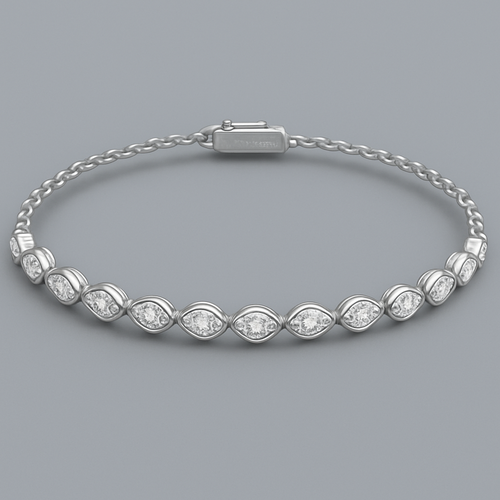 CAD model of a delicate tennis bracelet with small pear-shaped diamonds laying on their sides, all pointing left. Each teardrop diamond is set horizontally along a thin white gold chain, forming a smooth continuous flow. Small elegant proportions, precise prong settings, evenly spaced stones, realistic curvature around the wrist. Designed for fine jewelry production.”