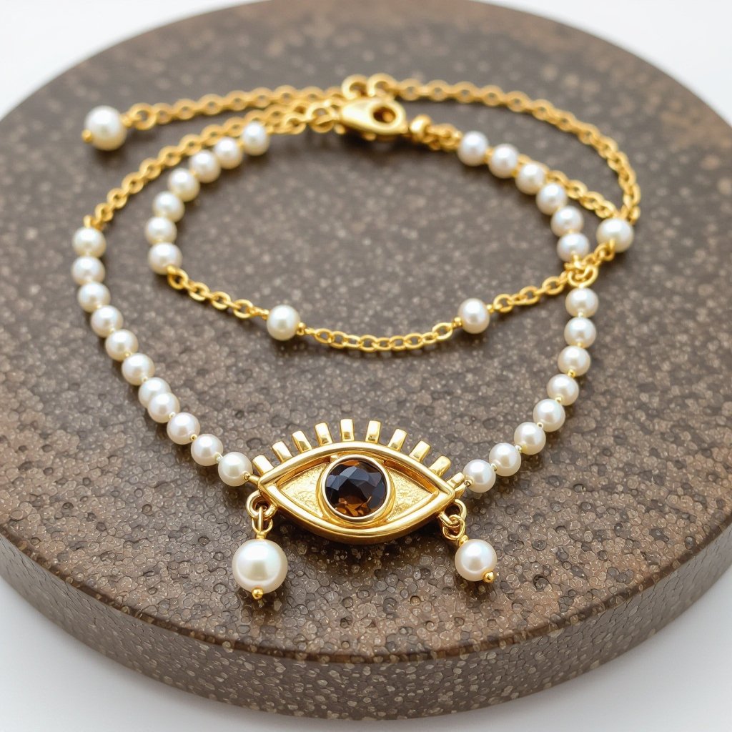 Тонкая цепочка с золотыми шариками и мелкими жемчужными камушками на цепочке есть кулон в форме глаза, зрачок глаза из раухтопаза от глаза идет маленькая подвеска с маленьким камушком 