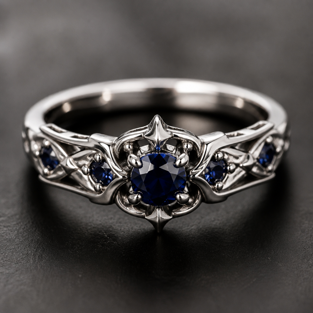 A gothic women's ring made of platinum with sapphire stones suitable for daily wear
photorealistic jewelry design, A gothic women's ring made of platinum with sapphire stones suitable for daily wear, gothic style, just the design no text