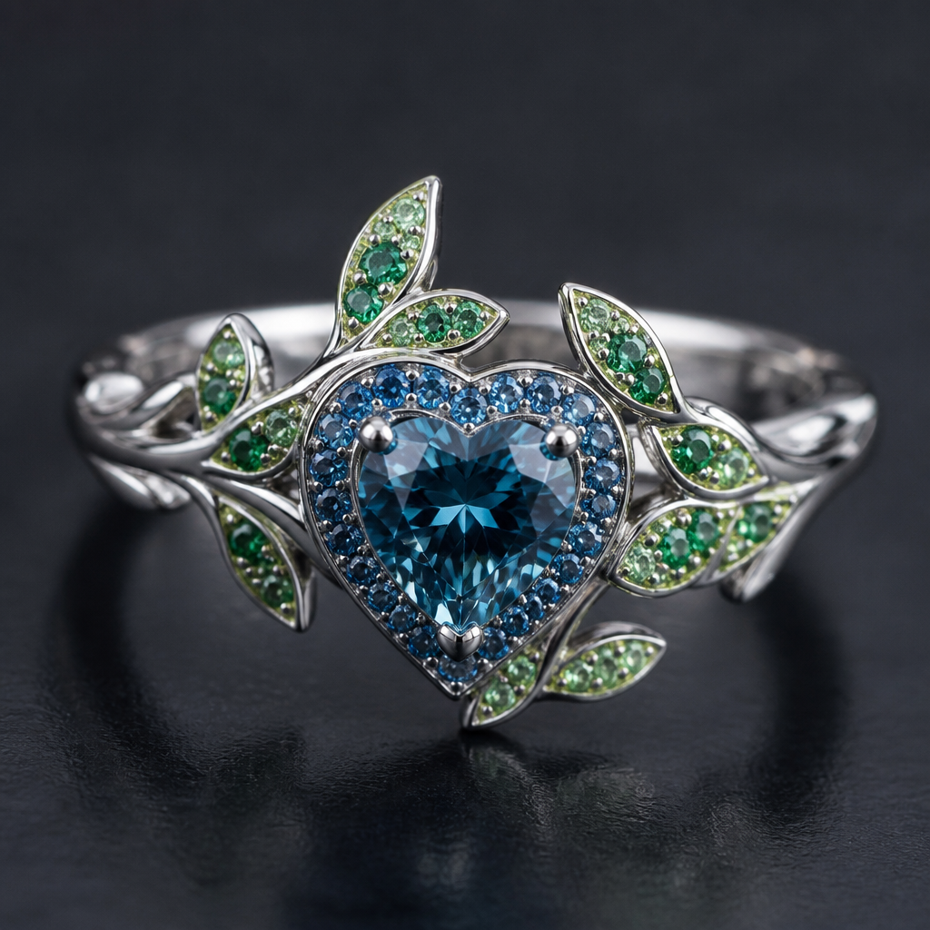 A women's ring. amazing ring with heart on blue diamond around it green leaves on its green diamonds and the ring is made by platinum
photorealistic jewelry design, A women's ring. amazing ring with heart on blue diamond around it green leaves on its green diamonds and the ring is made by platinum, modern style, just the design no text
