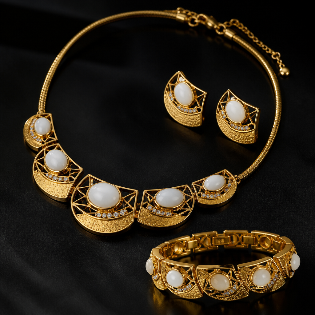 Prompt: Full jewelry suite made of authentic 21 karat gold. The set consists of a necklace, earrings, and a bracelet. Creative design blending semicircular gold plates with hollow geometric frames. Adorned with polished white agate and small sparkling white stones. High detail, luxury jewelry design, cinematic lighting, sharp focus on the textures of gold and white stones, isolated on a dark luxury background.
photorealistic jewelry design, Prompt: Full jewelry suite made of authentic 21 karat gold. The set consists of a necklace, earrings, and a bracelet. Creative design blending semicircular gold plates with hollow geometric frames. Adorned with polished white agate and small sparkling white stones. High detail, luxury jewelry design, cinematic lighting, sharp focus on the textures of gold and white stones, isolated on a dark luxury background., african style, just the design no text