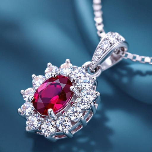 7x5mm oval pigeon blood ruby with 8 marquis cut diamonds each .08ct set in white gold pendant 