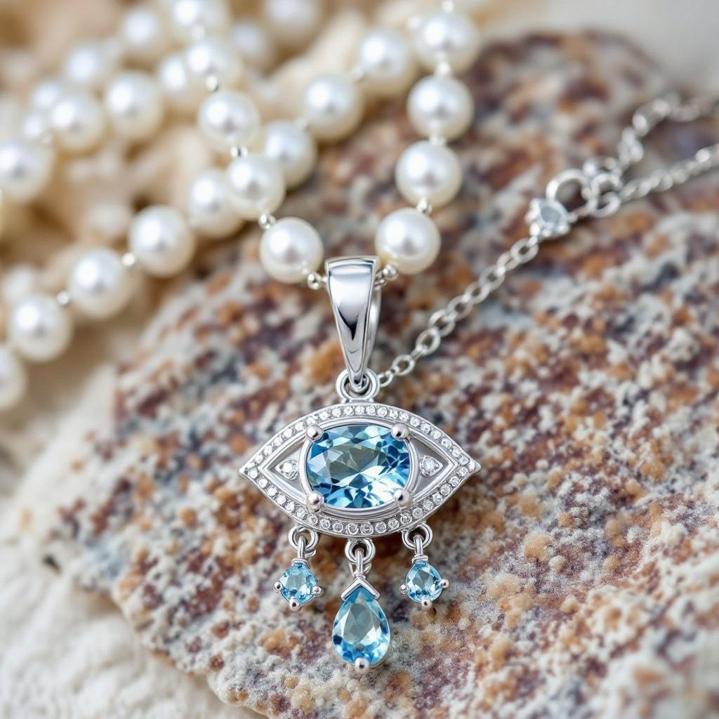 Тонкая цепочка с серебряными шариками и мелкими жемчужными камушками на цепочке есть кулон в форме глаза, зрачок глаза из аквамарина от глаза идет маленькая подвеска с маленькими камушками аквамарина 