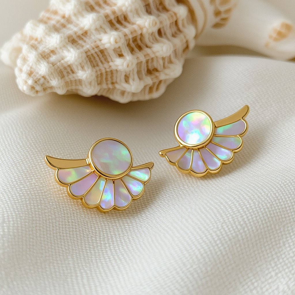 Серьги золотые в виде бирюзового с переливами половины крыла бабочки из перламутра 