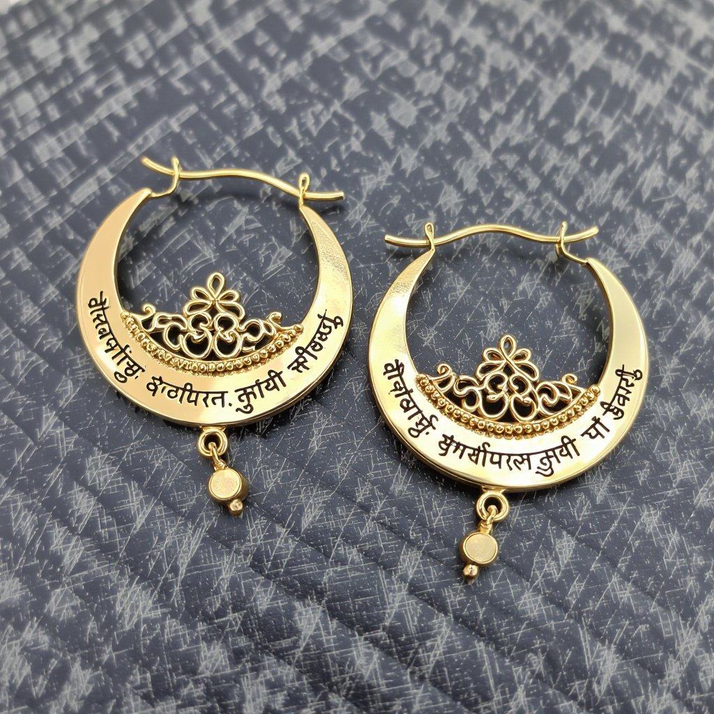 Серьги золотые в форме полумесяца, полукруг как продолжение застежки, на полукруге надписи мантрами на санскрите