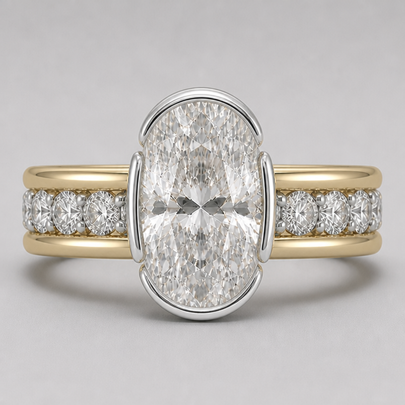 north south semi bezel, open wall east west on the main stone
edit the attached jewelry design with these instructions: north south semi bezel, open wall east west on the main stone. keep it photorealistic, just the design no text