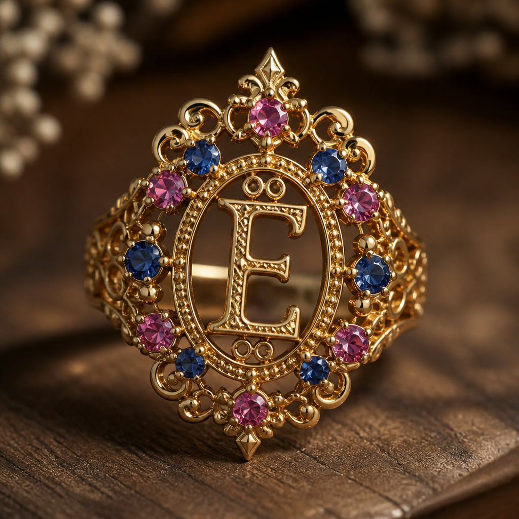 A bohemian women's ring made of gold, highly ornate, intricate and elaborate, richly detailed. um anel de 15 anos com inicial E com pedrinhas azul e pedrinhas rosa em volta
photorealistic jewelry design, A bohemian women's ring made of gold, highly ornate, intricate and elaborate, richly detailed. um anel de 15 anos com inicial E com pedrinhas azul e pedrinhas rosa em volta, bohemian style, just the design no text
