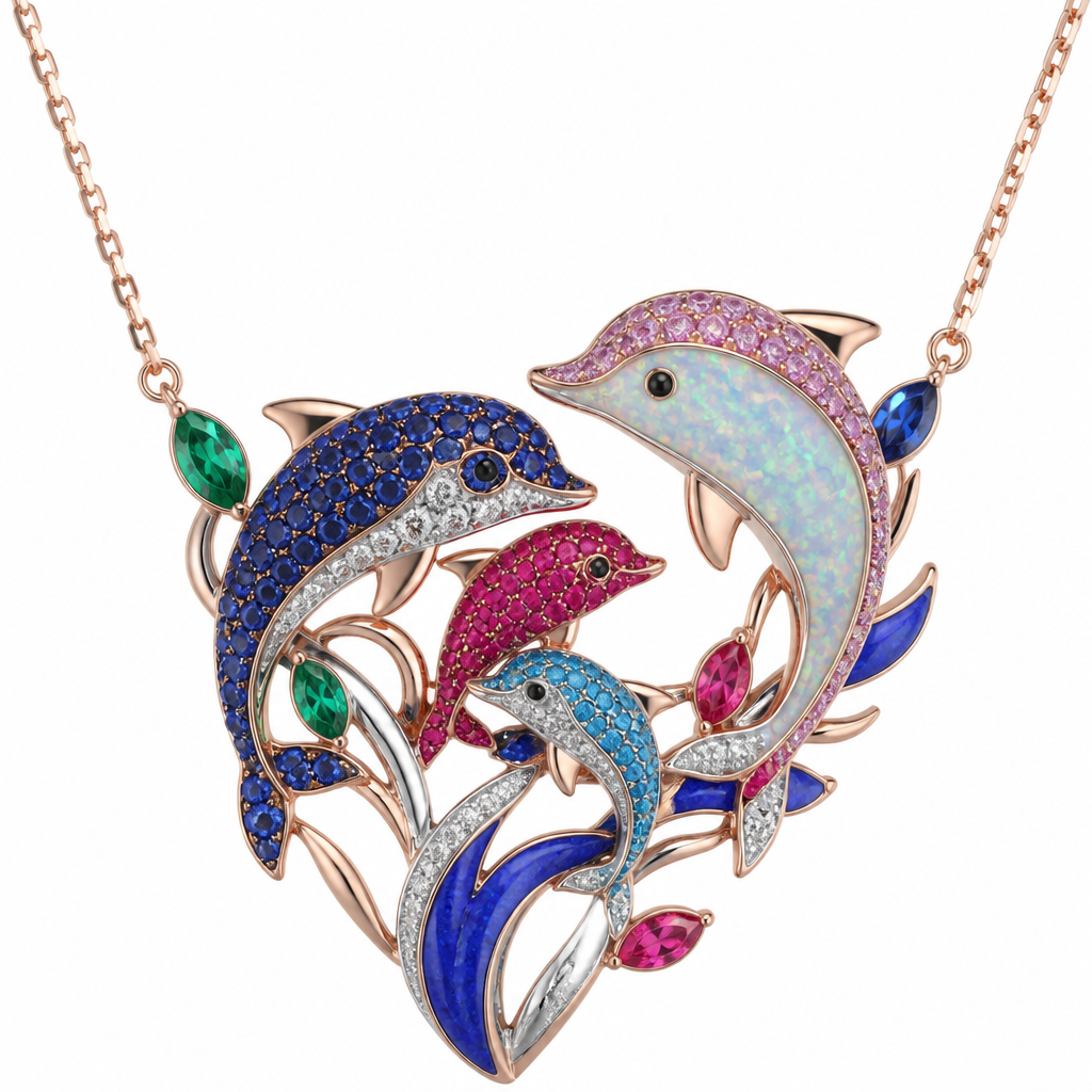 Emerald Opal ruby sapphire pink diamond blue diamond rhodium rose gold lapis dolphin family necklace
photorealistic jewelry design, Emerald Opal ruby sapphire pink diamond blue diamond rhodium rose gold lapis dolphin family necklace , nordic style, just the design no text