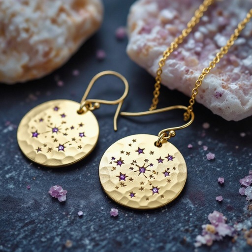 Серьги и кулон в одном стиле. Светлое матовое состаренное мятое золото. На круге изобрежены созвездия. Очень маленькие сиреневые камушки. 
