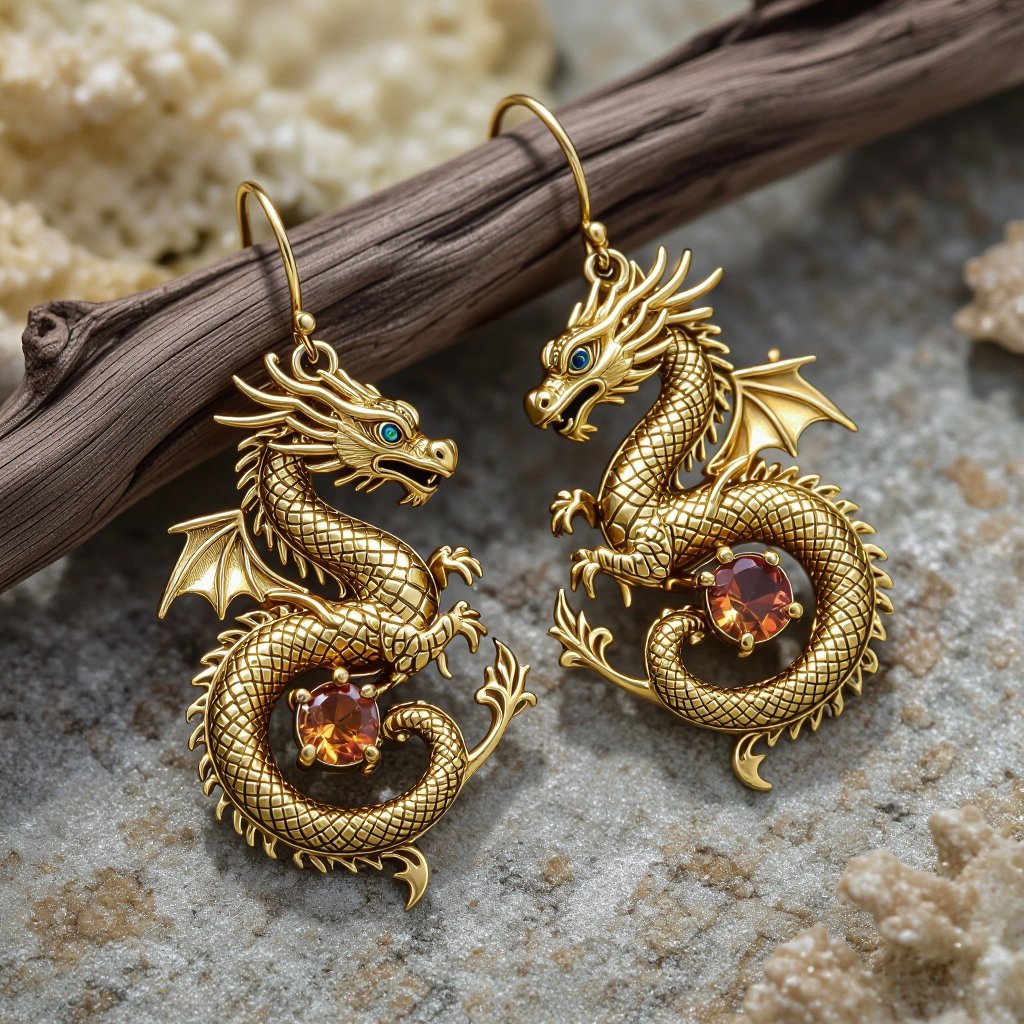 Золотые матовые серьги с изображением дракона узоры и камни мелкие раузтопаз