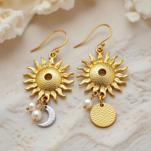 Золотые серьги словно мятое золото в форме горящего солнца с волнистыми лучами, в центре солнца круглая дыра. крепится к застежке серьги. К нижней части солнца крепятся подвески: миниатюрная серебристая луна, очень маленький жемчуг и маленький золотой кружочек с мятым эффектом плоский