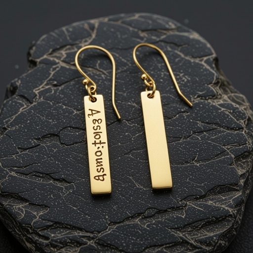 Золотые матовые серьги. На подвеска и виде тонкого длинного прямоугольника. На нем написана мантра Асатома на санскрите. 