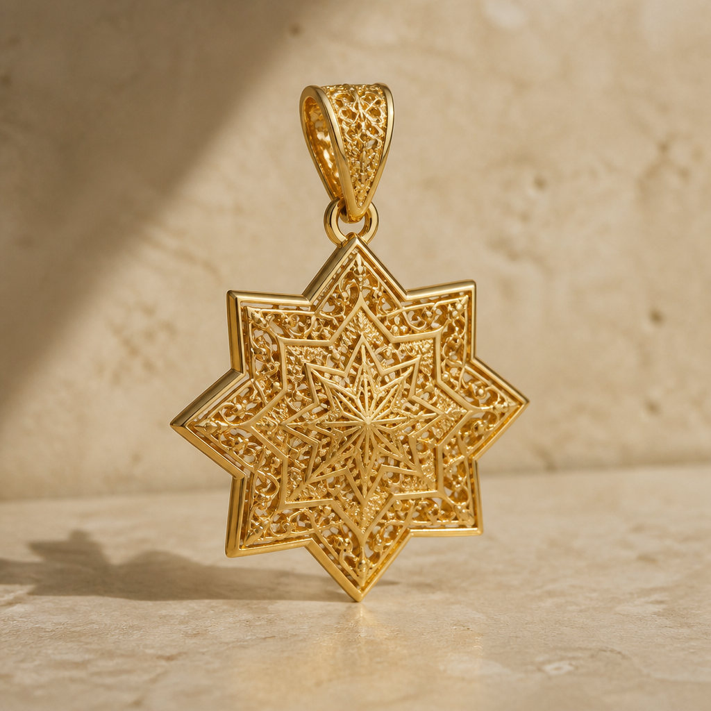 Prompt: A modern Arabic Sayaqah style pendant made of pure 21k yellow gold. The pendant is shaped as a complex geometric star with sharp lines and micro-filigree details. Premium jewelry catalog photography, floating in front of a clean beige stone texture, side-angle lighting highlighting the gold engravings, photorealistic, 8k. --ar 16:9
photorealistic jewelry design, Prompt: A modern Arabic Sayaqah style pendant made of pure 21k yellow gold. The pendant is shaped as a complex geometric star with sharp lines and micro-filigree details. Premium jewelry catalog photography, floating in front of a clean beige stone texture, side-angle lighting highlighting the gold engravings, photorealistic, 8k. --ar 16:9, just the design no text