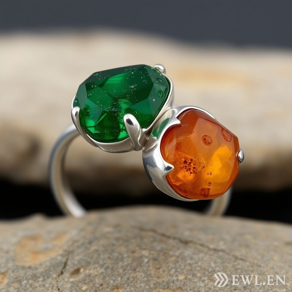 Craft a minimalist silver adjustable ring that delicately embraces the finger. Feature two striking raw natural gemstones—allowing their organic textures and colors to stand out. The design exudes earthy elegance, merging modern style with raw, untamed nature.