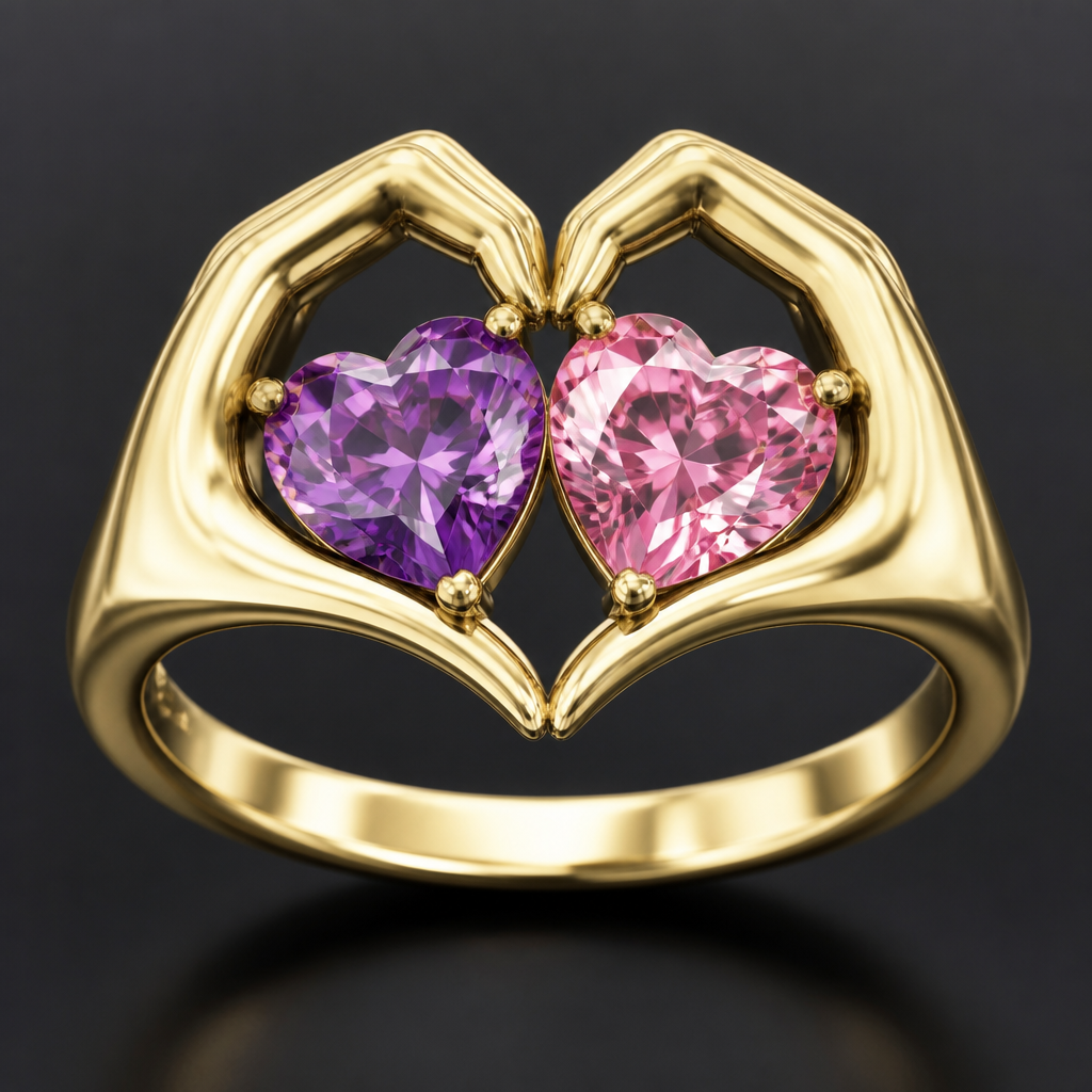 A women's ring. collar de oro con un diamante violeta y un rosa con bortes asiendo ver q dos maños las sostienen en forma de corazón
photorealistic jewelry design, A women's ring. collar de oro con un diamante violeta y un rosa con bortes asiendo ver q dos maños las sostienen en forma de corazón, modern style, just the design no text