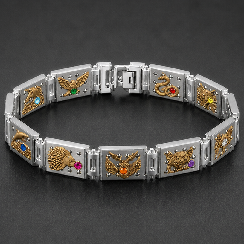 give each square a different gemstone and different colors, but only ting ones in the middle of the golden spirit animals
edit the attached jewelry design with these instructions: give each square a different gemstone and different colors, but only ting ones in the middle of the golden spirit animals. keep it photorealistic, just the design no text