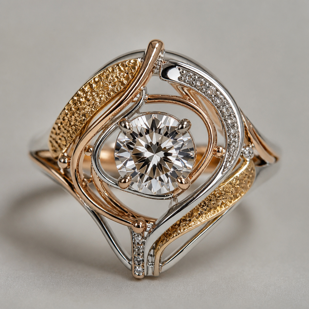A avant-garde women's ring made of mixed metal with diamond stones suitable for festival. An extraordinary excellent beautiful delicate and elegant solitaire women ring. Face of the ring.
photorealistic jewelry design, A avant-garde women's ring made of mixed metal with diamond stones suitable for festival. An extraordinary excellent beautiful delicate and elegant solitaire women ring. Face of the ring., avant_garde style, just the design no text