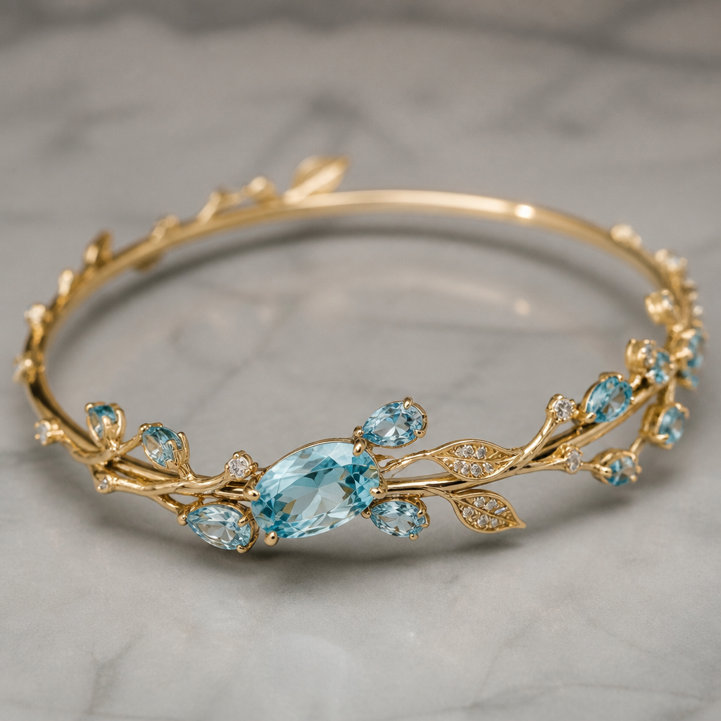 A bangle women's bracelet made of gold with aquamarine stones suitable for engagement, highly ornate, intricate and elaborate, richly detailed. delicado y sencillo con unas ramitas
photorealistic jewelry design, A bangle women's bracelet made of gold with aquamarine stones suitable for engagement, highly ornate, intricate and elaborate, richly detailed. delicado y sencillo con unas ramitas, bangle style, just the design no text