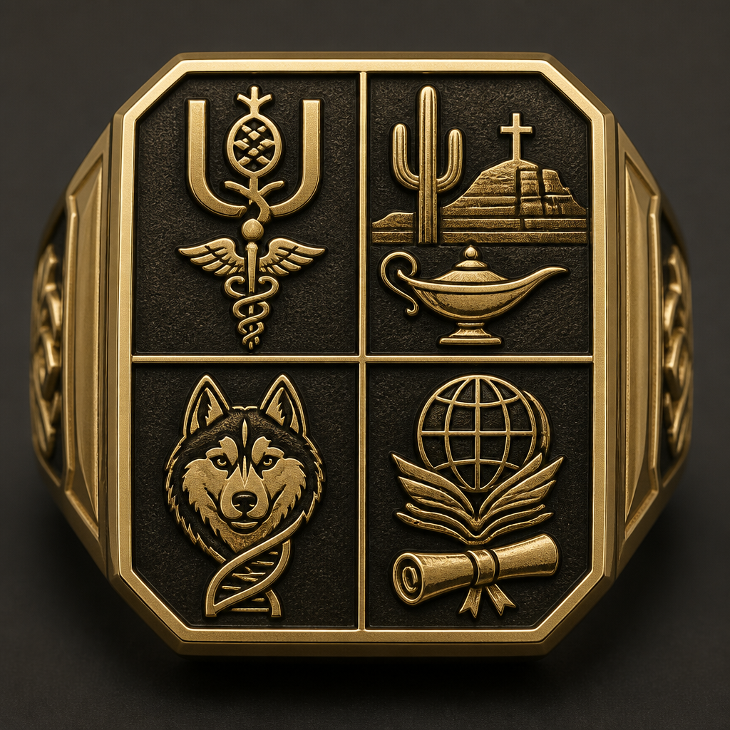 Create an image for ring flat face that is divided in four quadrants. The top left quadrant should have the Symbol of the Universidad de la Sabana with the Medical Doctor symbol next or underneath and the year 2003. The upper right quadrant will have Grand Canyon University symbol with the Master of science in Healthcare Administration next or underneath and the year 2021. In the left lower quadrant there will be a symbol for Houston Christian University with the degree Bachelor of Science in Biology symbol and the year 1994. In the right bottom quadrant is the symbol for the International School of Stavanger and William P. Clements High school with the symbol of high school diploma and the years 1986 - 1989.
photorealistic jewelry design, Create an image for ring flat face that is divided in four quadrants. The top left quadrant should have the Symbol of the Universidad de la Sabana with the Medical Doctor symbol next or underneath and the year 2003. The upper right quadrant will have Grand Canyon University symbol with the Master of science in Healthcare Administration next or underneath and the year 2021. In the left lower quadrant there will be a symbol for Houston Christian University with the degree Bachelor of Science in Biology symbol and the year 1994. In the right bottom quadrant is the symbol for the International School of Stavanger and William P. Clements High school with the symbol of high school diploma and the years 1986 - 1989., gothic style, just the design no text