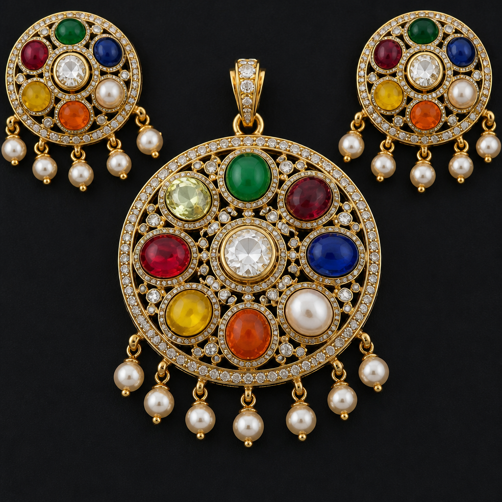 Navratan pendant with earring. I want earrings to be attached on topic my pendant to make it huge . They are round in shape .
photorealistic jewelry design, Navratan pendant with earring. I want earrings to be attached on topic my pendant to make it huge . They are round in shape . , just the design no text