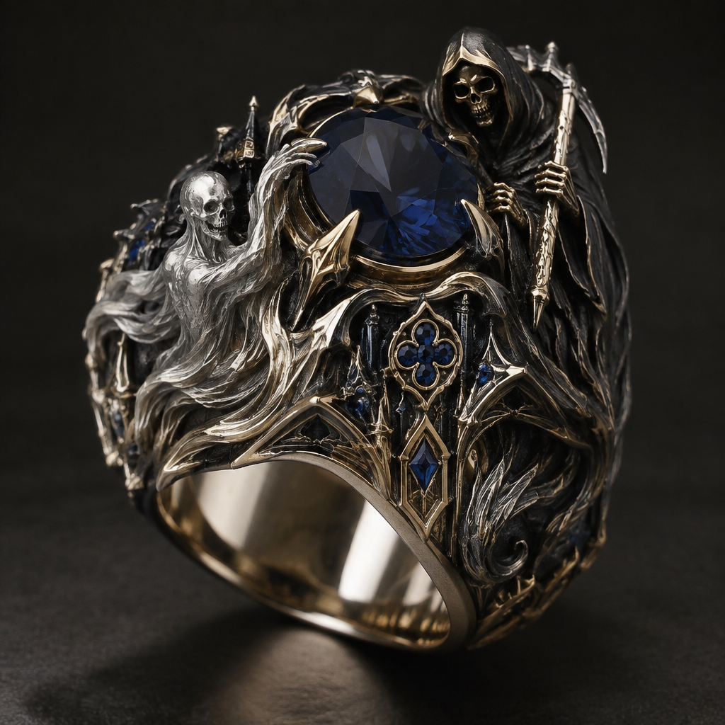 A gothic men's ring made of mixed metal with sapphire stones suitable for formal. a ghost and a reaper
photorealistic jewelry design, A gothic men's ring made of mixed metal with sapphire stones suitable for formal. a ghost and a reaper, gothic style, just the design no text