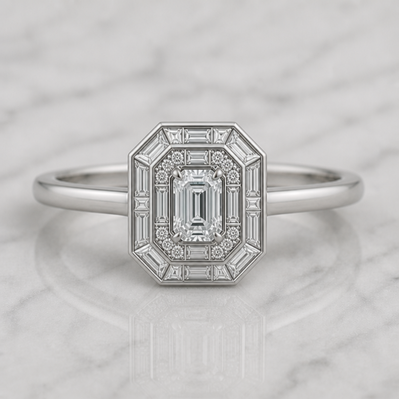 Change centre to 0.8 carat and add layered baguette halo
edit the attached jewelry design with these instructions: Change centre to 0.8 carat and add layered baguette halo. keep it photorealistic, just the design no text