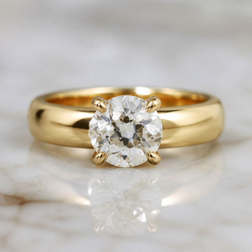 2.5 carat old European round diamond on a thicker 14K gold band
photorealistic jewelry design, 2.5 carat old European round diamond on a thicker 14K gold band, just the design no text