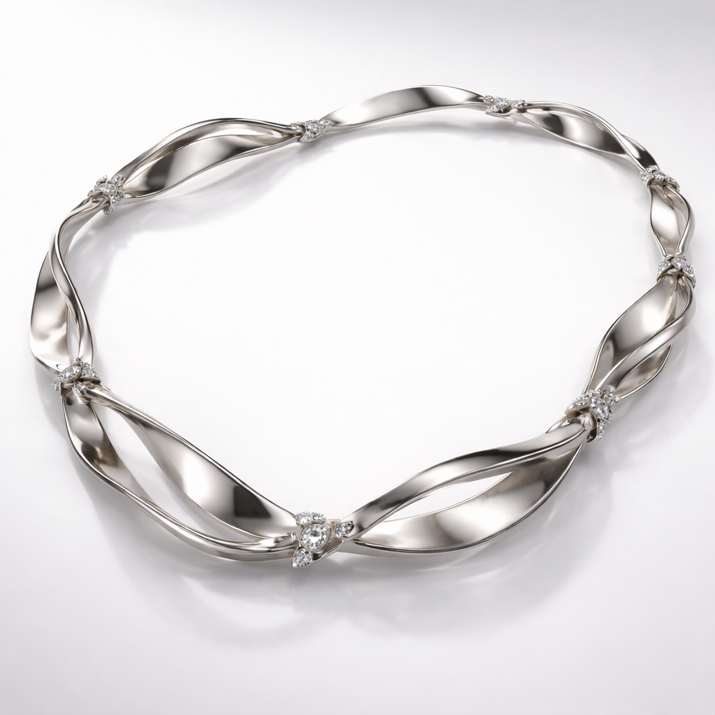 A flexible necklace which is not rigid and inspired by a very twisted flat wire and it has links that connected the small pieces with eachothe and it has diamondr