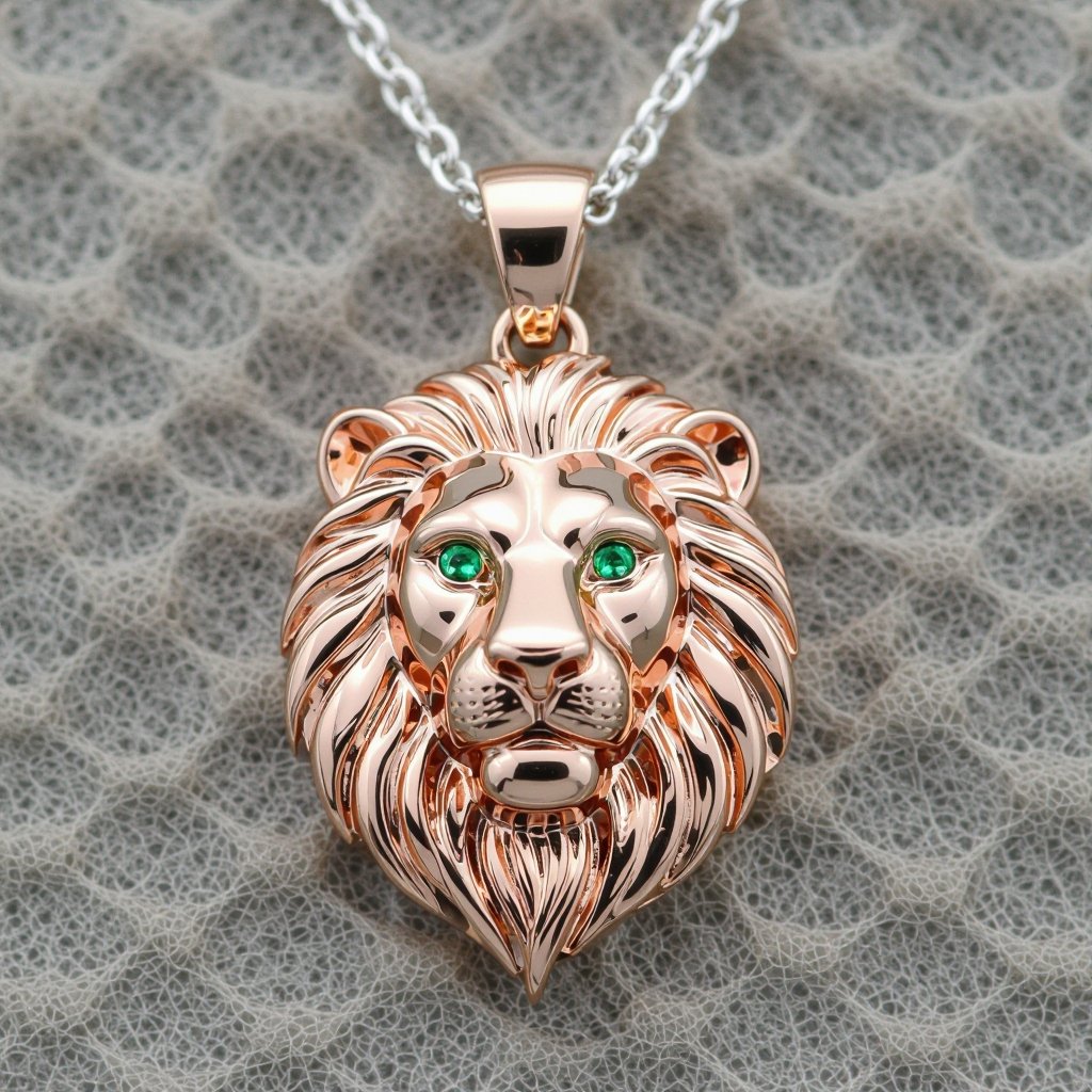 Lion pendant with emeralds for eyes and lion is rose pink gold and silver for the necklace
