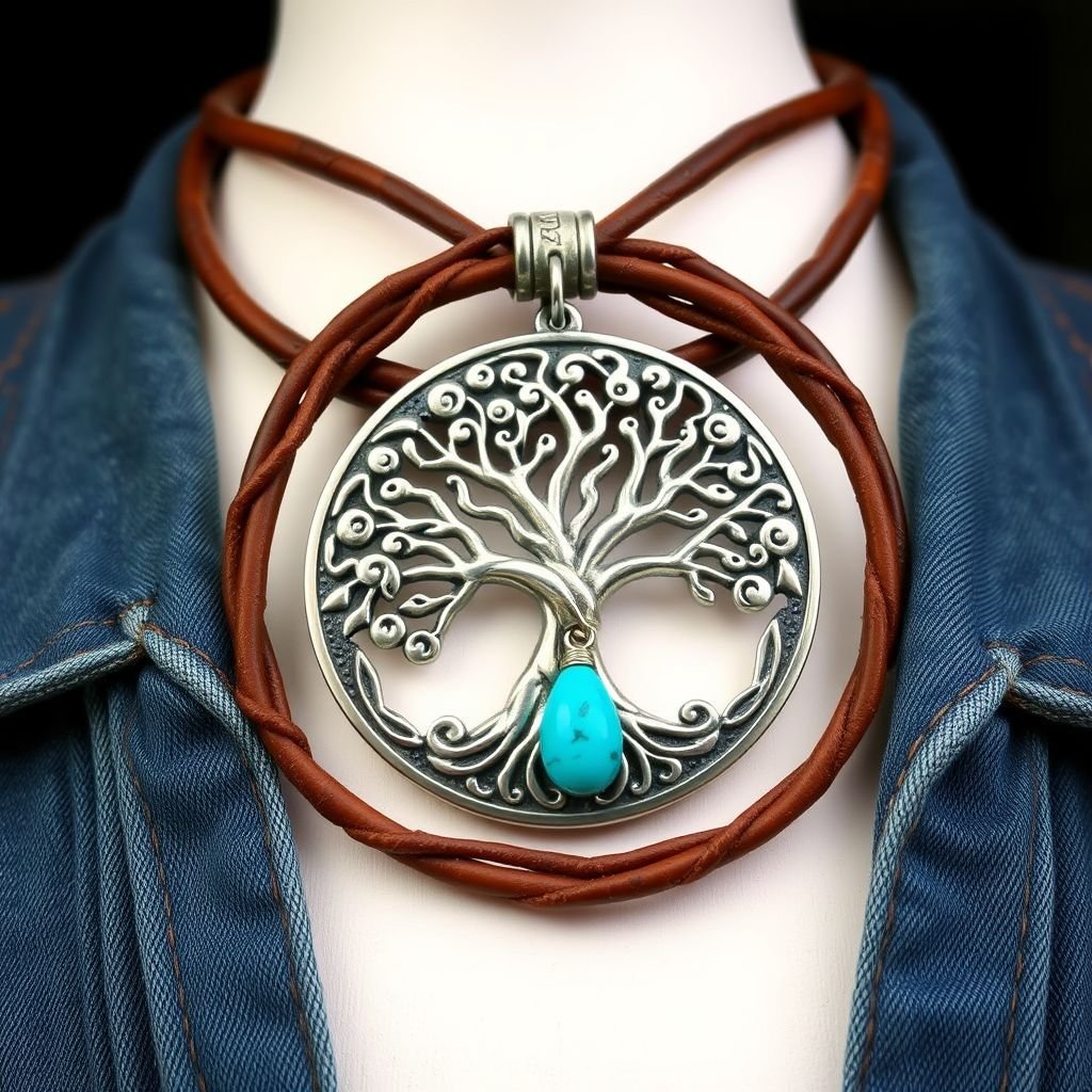 Creative stylish necklace on thick leather cord with big silver pendant and gemstone charm 