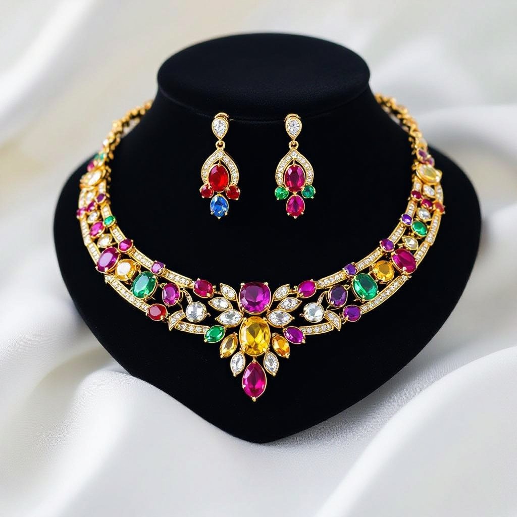 Necklace and ring and earring with luxury colorful jewel with gold