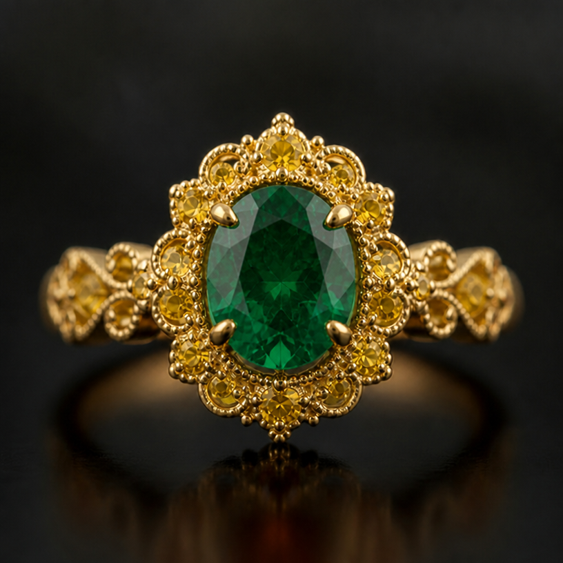 Can change it to emerald and yellow diamonds
edit the attached jewelry design with these instructions: Can change it to emerald and yellow diamonds. keep it photorealistic, just the design no text