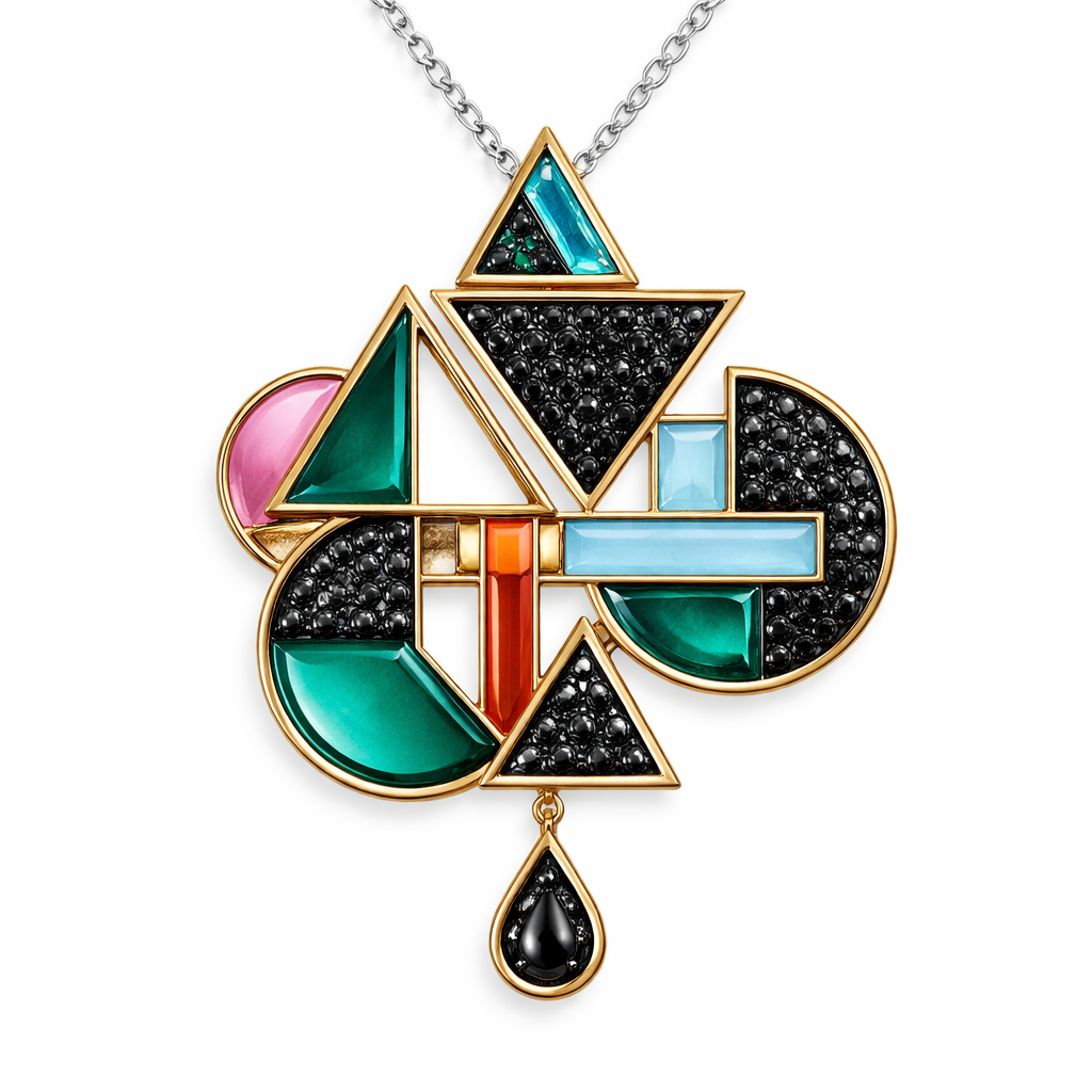 Geometry pendant of architect shapes and edges with black diamonds and colored enamel of white background