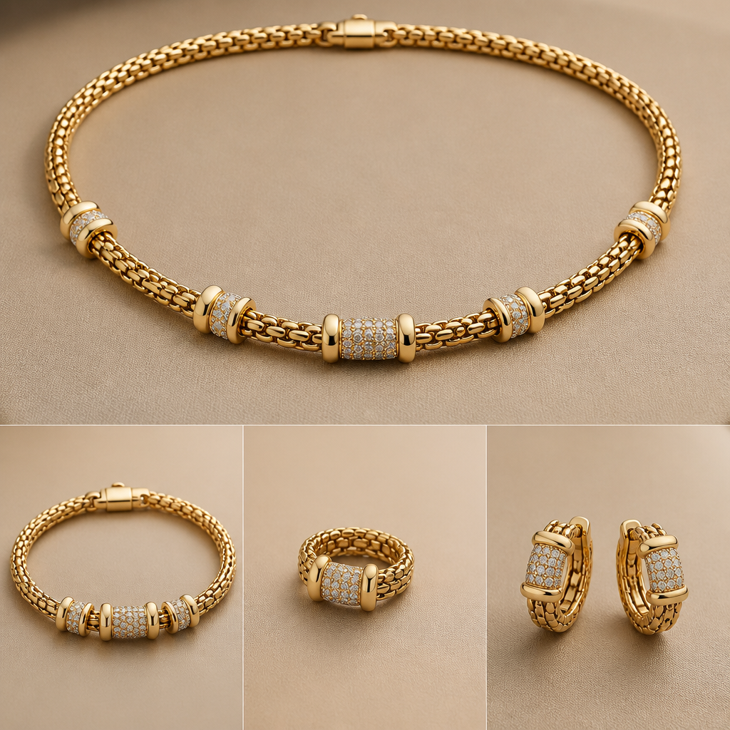A modern women's necklace made of gold, detailed and decorative, moderately ornate. make ring and bracelet and earrings with it in the same design and make the necklace and bracelet with box clasp and do it inspired of Fope flex'it brand
photorealistic jewelry design, A modern women's necklace made of gold, detailed and decorative, moderately ornate. make ring and bracelet and earrings with it in the same design and make the necklace and bracelet with box clasp and do it inspired of Fope flex'it brand, modern style, just the design no text